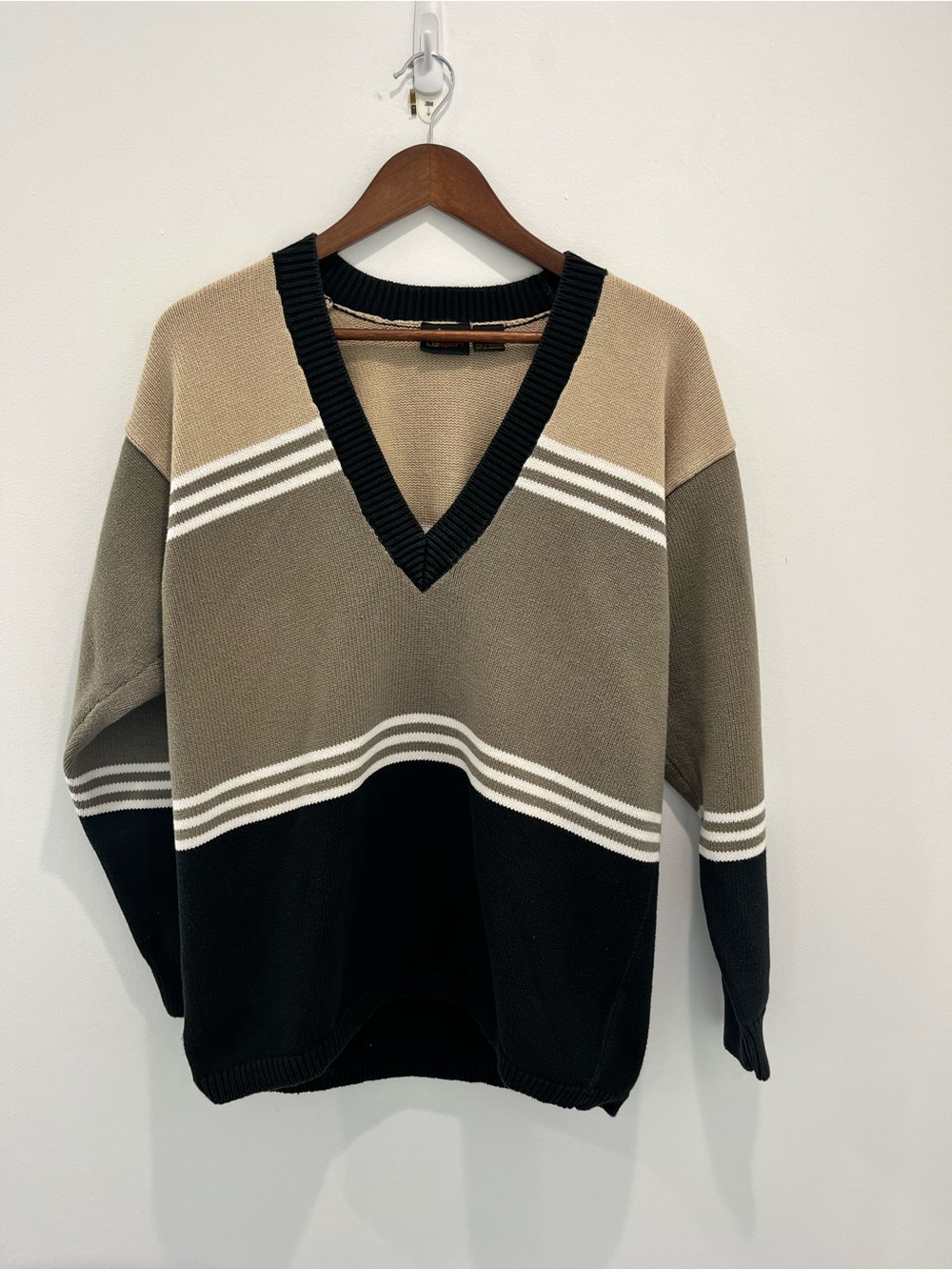 LIZ SPORT Vintage V-Neck Colorblock Stripe Sweater Black, Taupe, & Olive Green